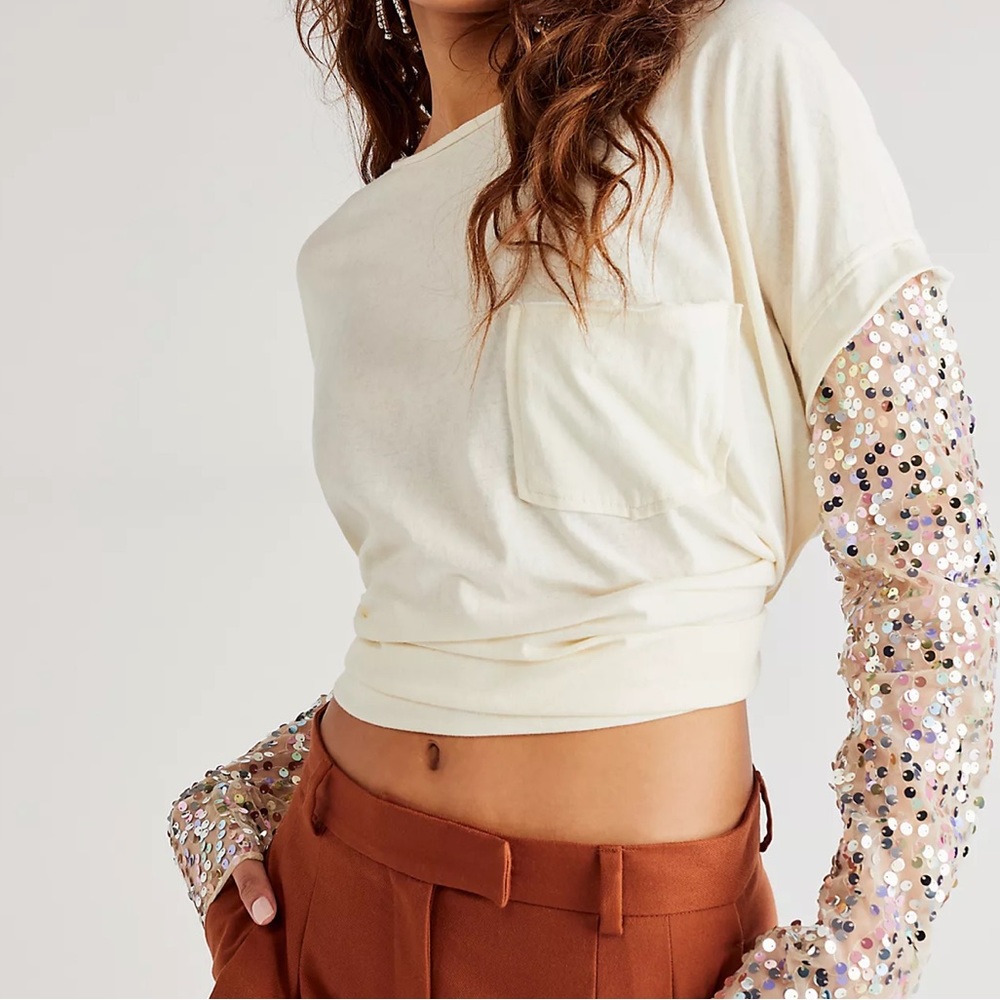 Free People Celine Sequin T-shirt Tee Long Sleeve Sand